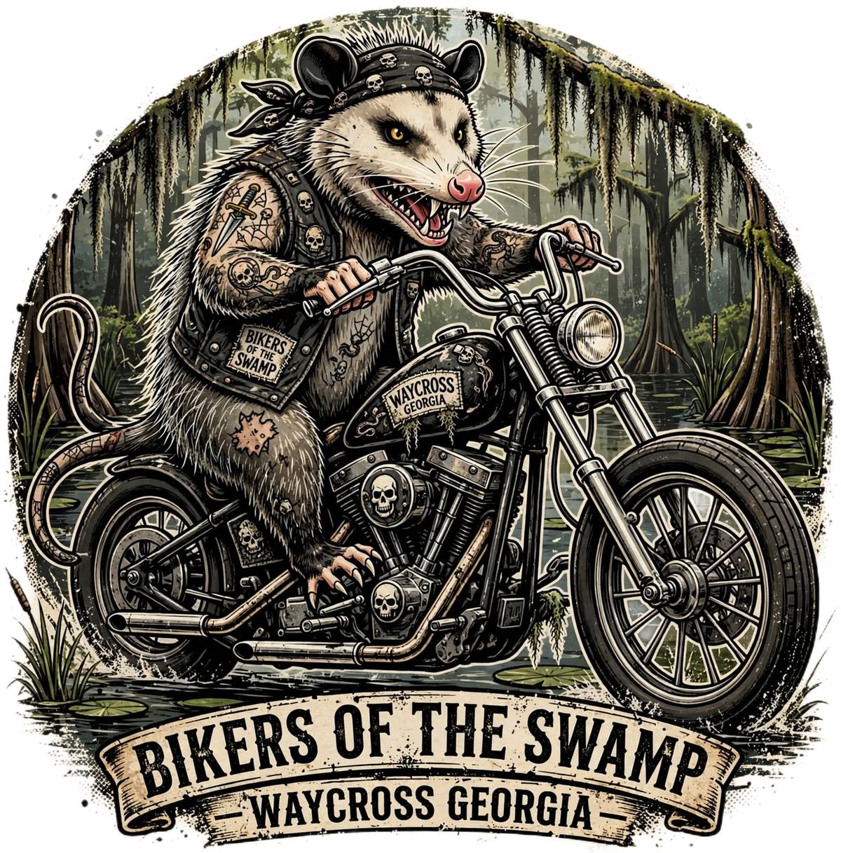 Bikers of the Swamp Opossum Biker T-Shirt design