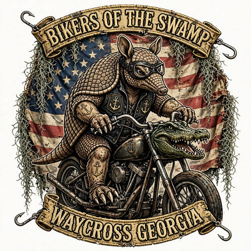Bikers of the Swamp armadillo biker on chopper with American flag and alligator front fork, Waycross Georgia