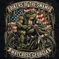 Bikers of the Swamp bullfrog biker on chopper with American flag and alligator, Waycross Georgia