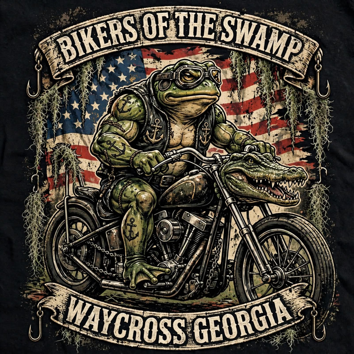 Bikers of the Swamp bullfrog biker on chopper with American flag and alligator, Waycross Georgia
