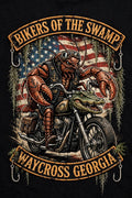 Bikers of the Swamp crawfish biker on chopper with American flag and alligator front fork, Waycross Georgia